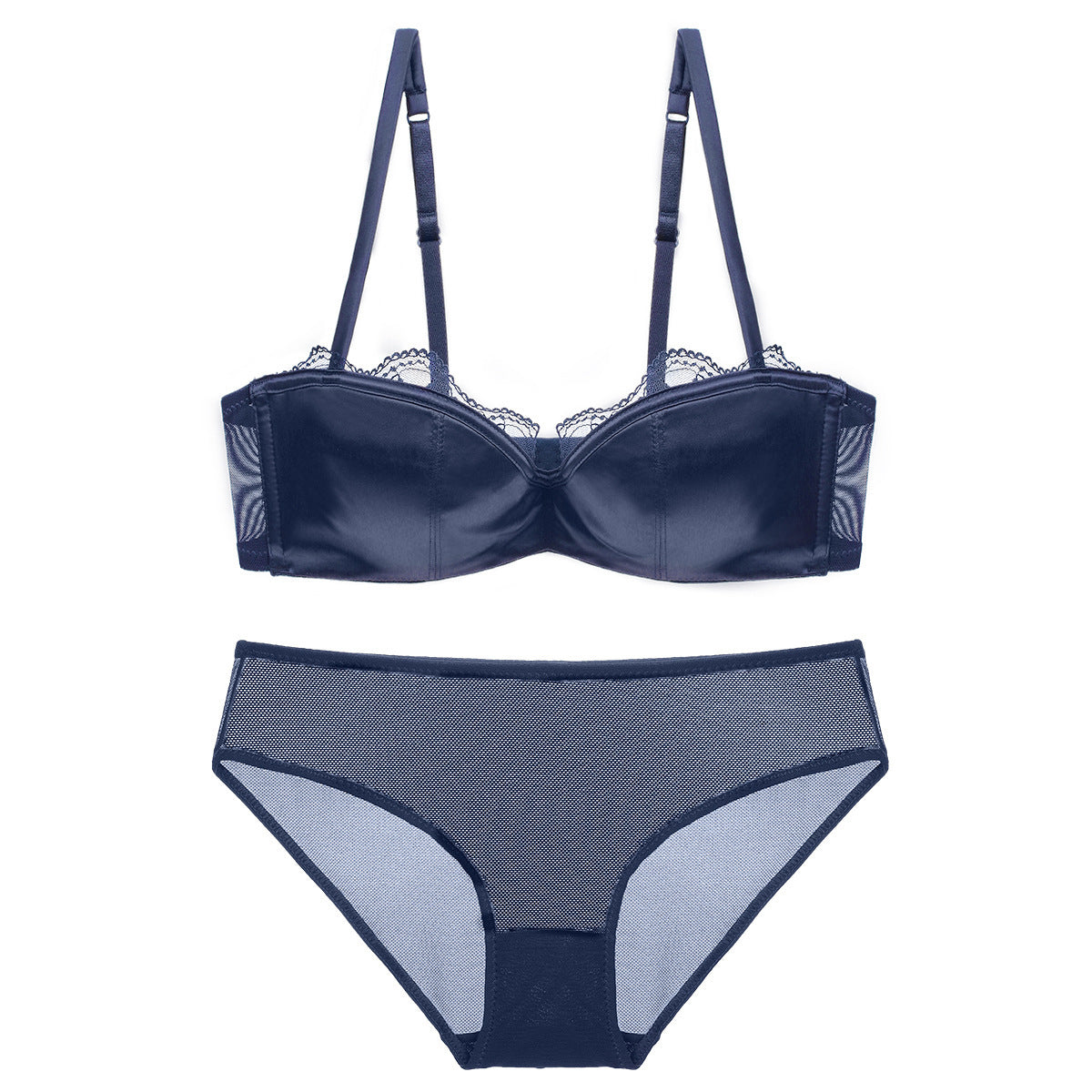Sexy Lace Thin Deep V Satin Half Cup Plunge Bra Set