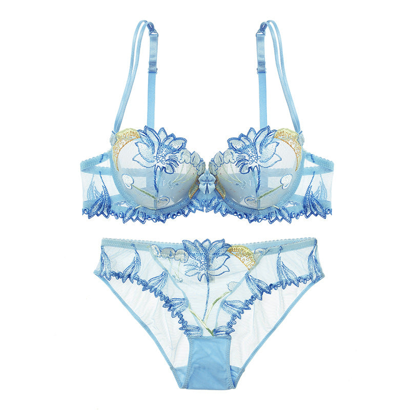 Sexy Ultra-thin Gathering Lace Transparent Mesh Embroidery Bra Set