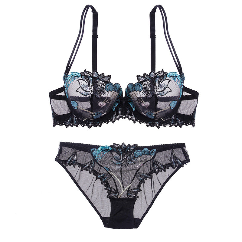 Sexy Ultra-thin Gathering Lace Transparent Mesh Embroidery Bra Set