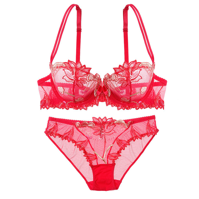 Sexy Ultra-thin Gathering Lace Transparent Mesh Embroidery Bra Set