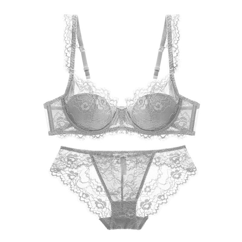 French Sexy Thin Cotton Breathable Gathering Lace Bra Set