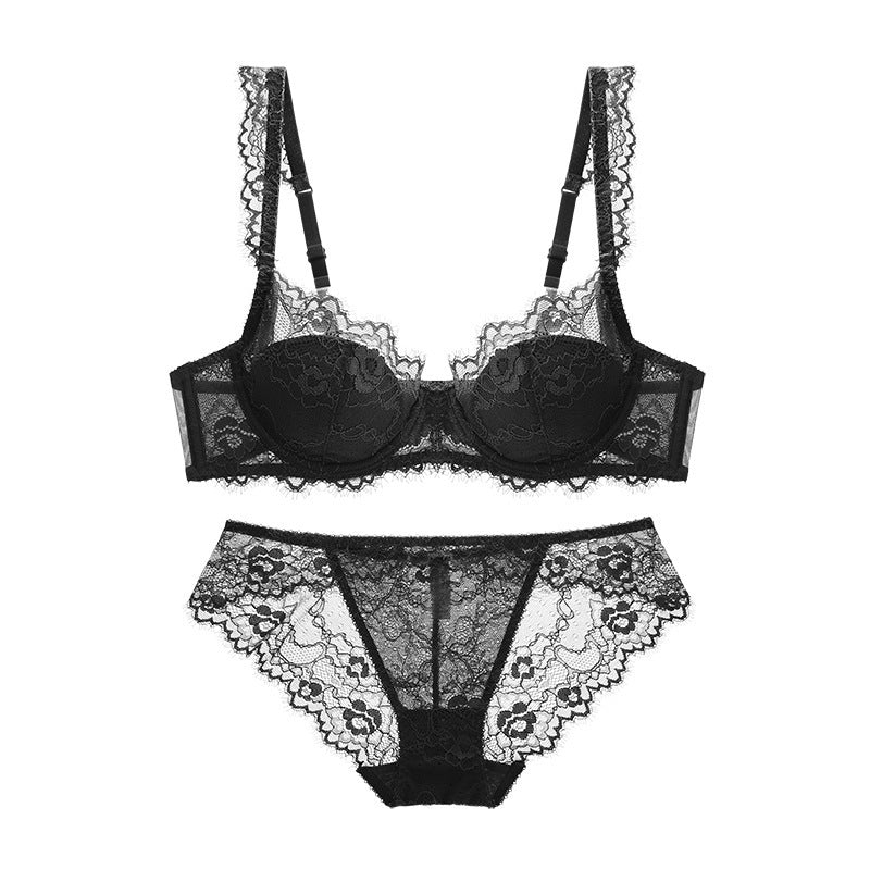 French Sexy Thin Cotton Breathable Gathering Lace Bra Set