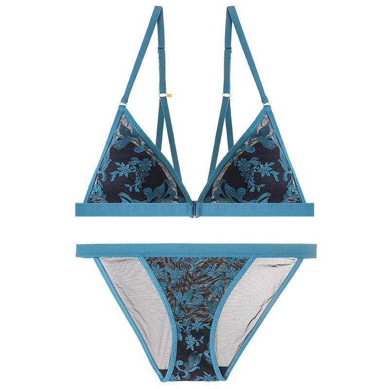 Ultra-thin Lace Sexy Triangle Cup Front Button Back Bra Set