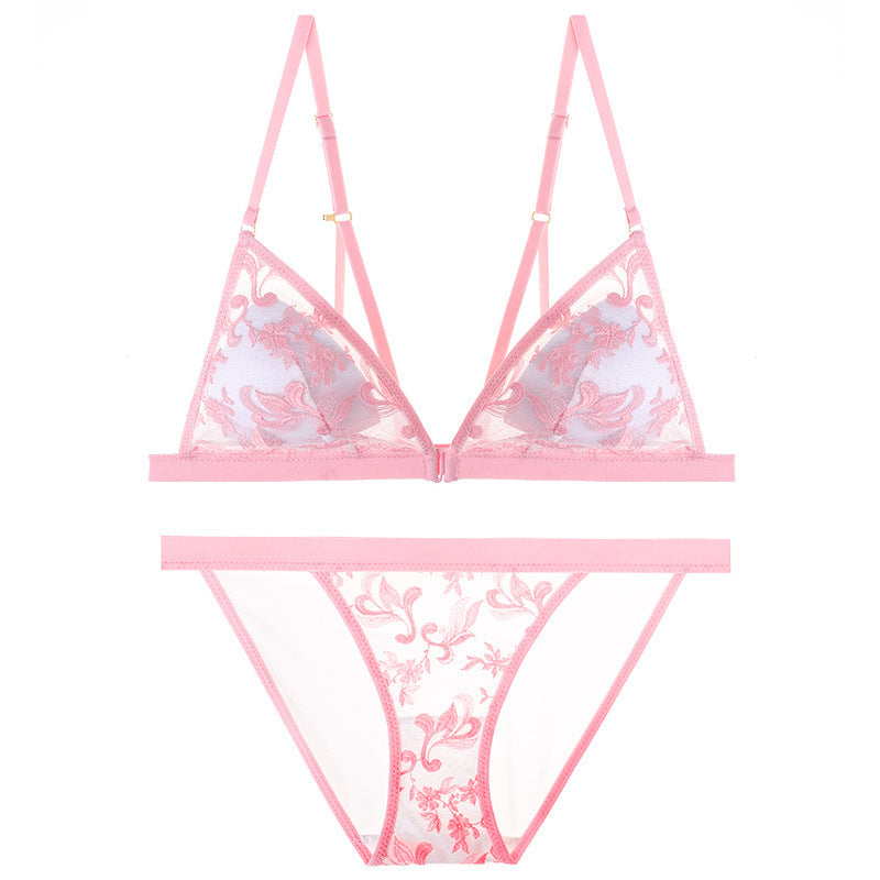 Ultra-thin Lace Sexy Triangle Cup Front Button Back Bra Set