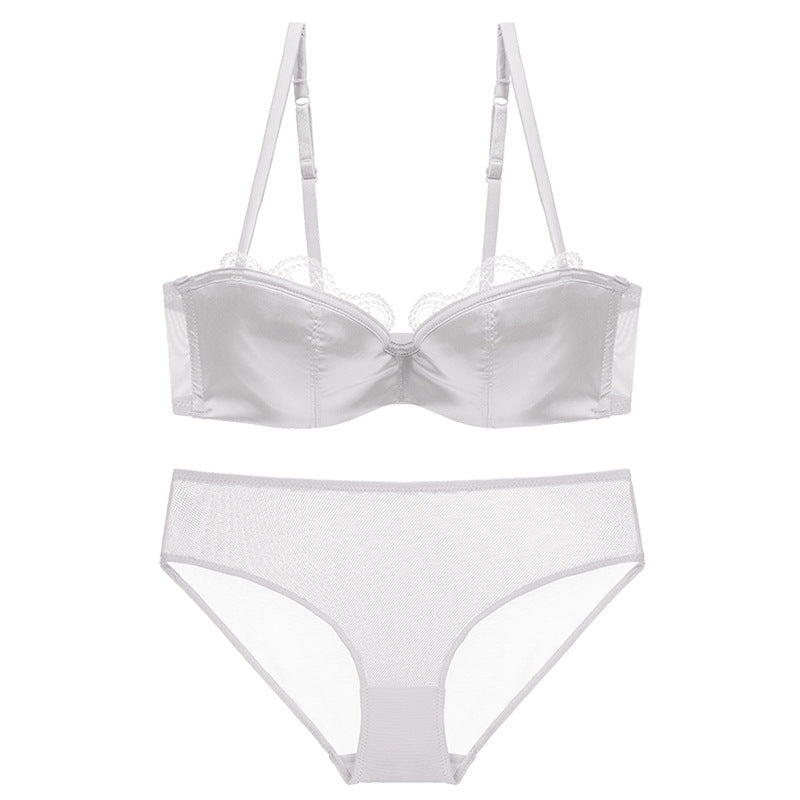 Sexy Lace Thin Deep V Satin Half Cup Plunge Bra Set