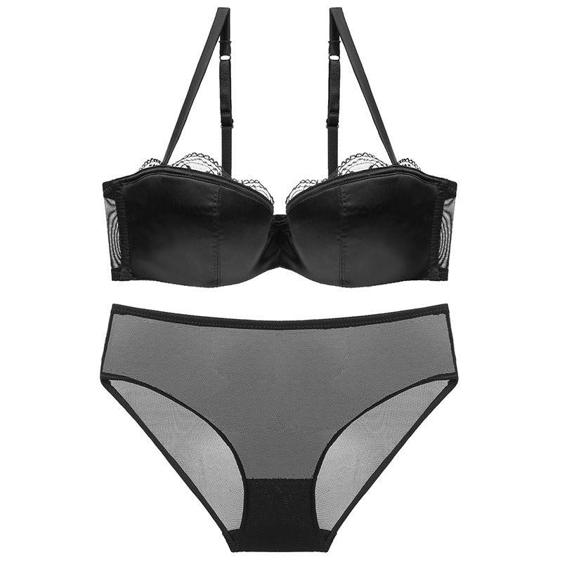 Sexy Lace Thin Deep V Satin Half Cup Plunge Bra Set