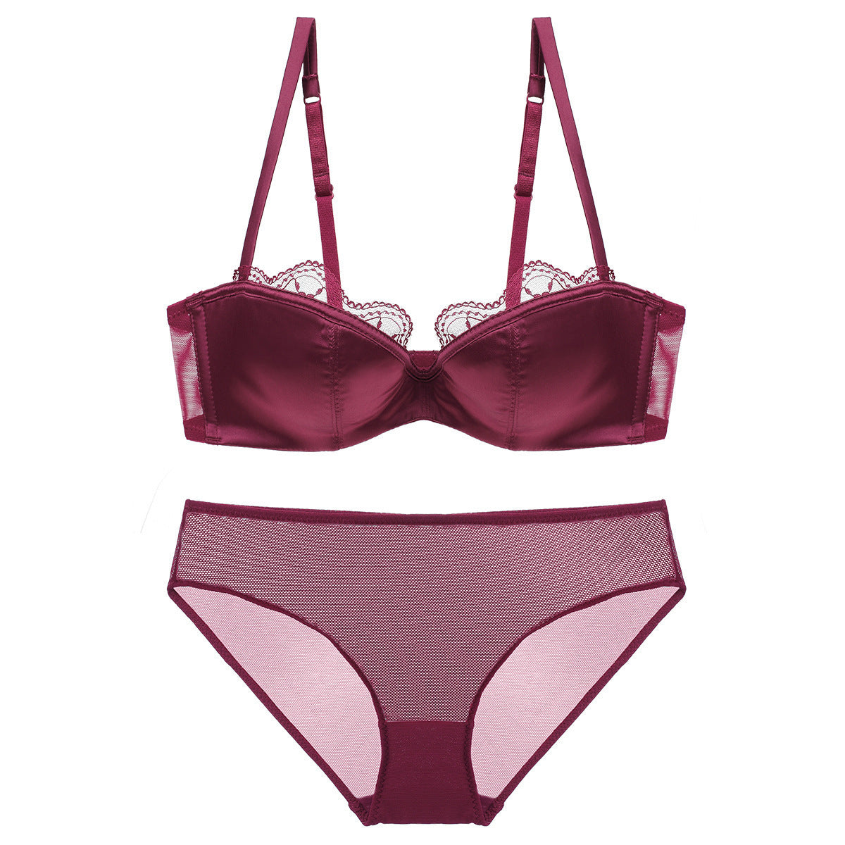 Sexy Lace Thin Deep V Satin Half Cup Plunge Bra Set