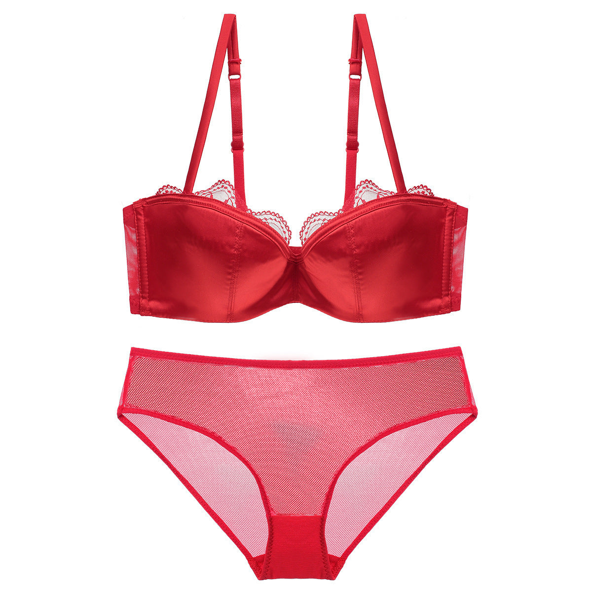 Sexy Lace Thin Deep V Satin Half Cup Plunge Bra Set