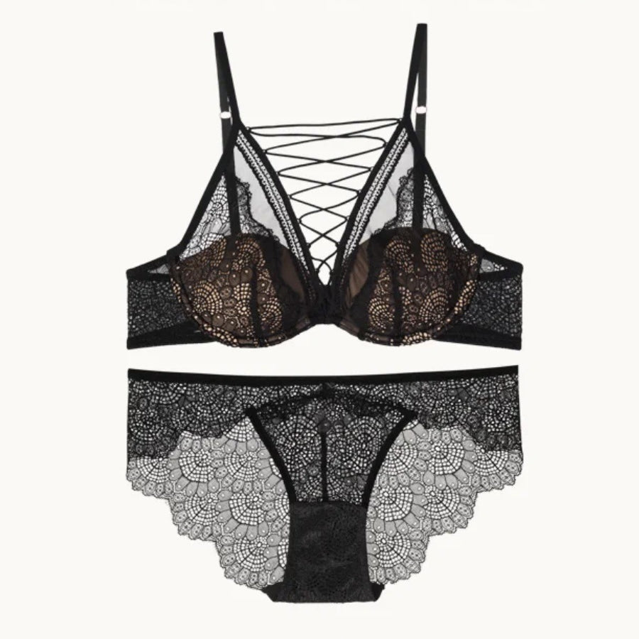 French Thin Large V Sexy Lace Tie-Up Support Anti-Sagging Soft Steel Ring Bra Set