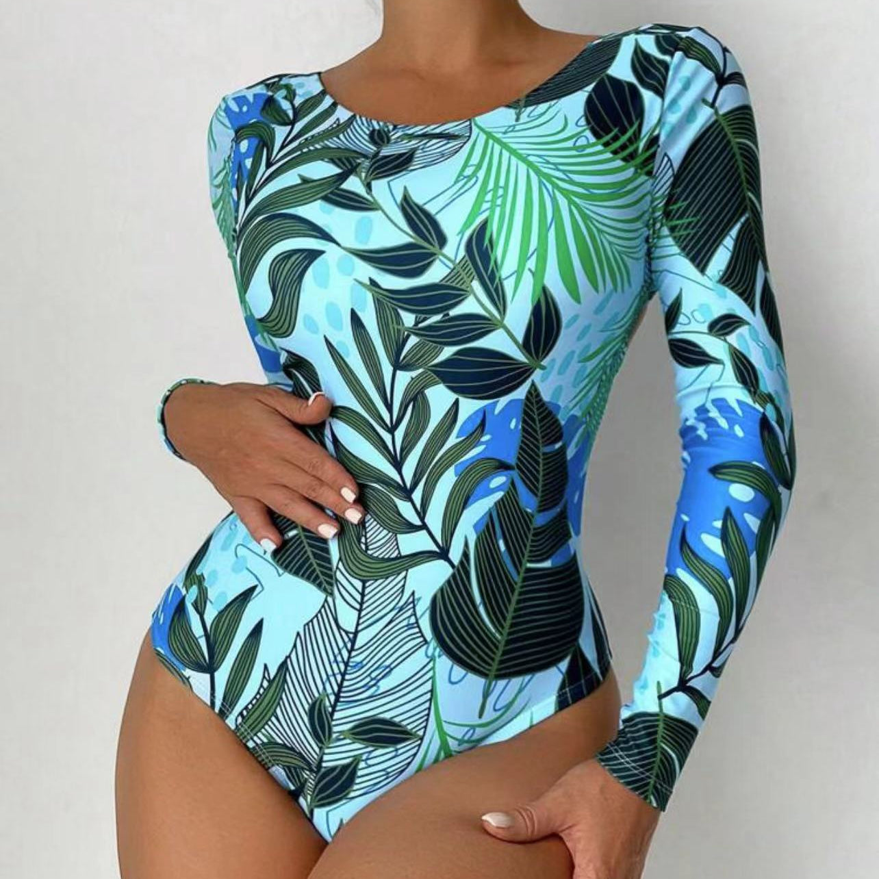 Sexy Fashion Multi-color One-piece Round Neck with Long Sleeve Printed Pop-up Swimwear