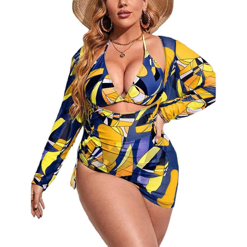 Plus Size Three Piece Swimwear Multicolor Printed Mesh Cover-up Sunscreen Bikini