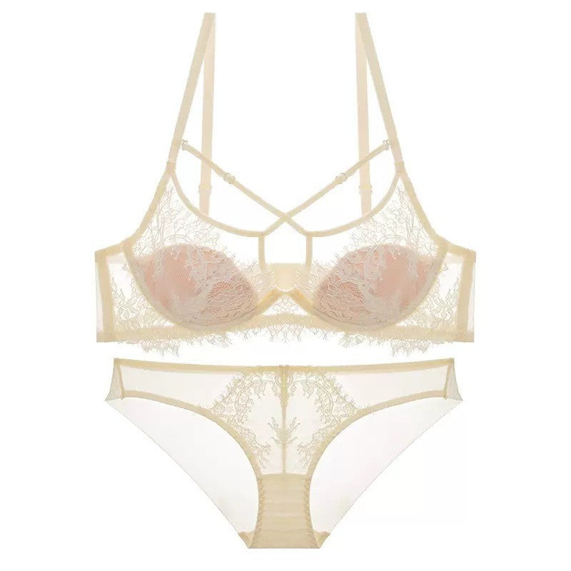 Sexy Lace Women's French Ultra Thin Top Support Bra Set
