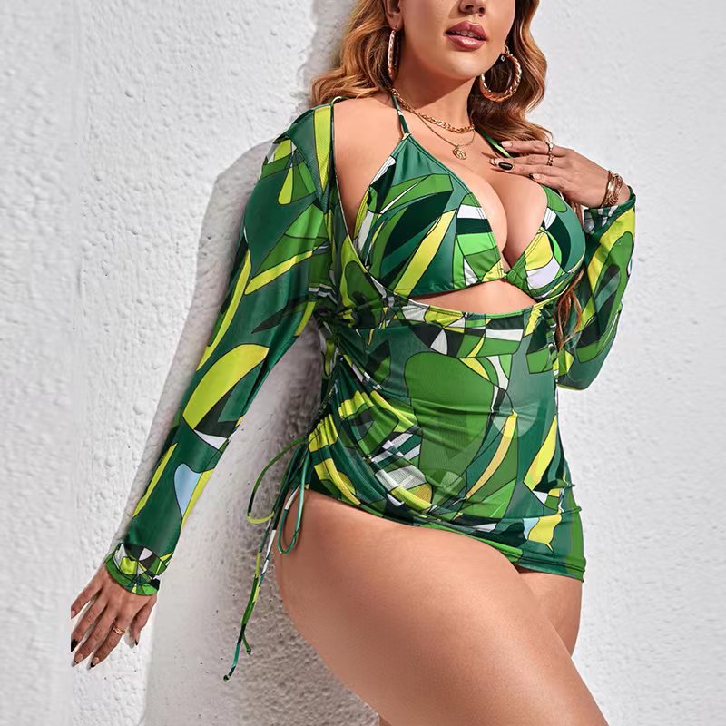 Plus Size Three Piece Swimwear Multicolor Printed Mesh Cover-up Sunscreen Bikini