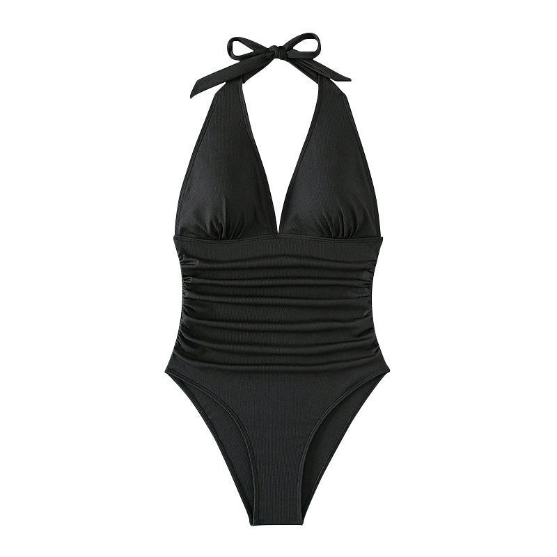 Solid Color Strappy V-Neck Sexy One Piece Swimsuit Tight Beach Bikini Spa Swimwear