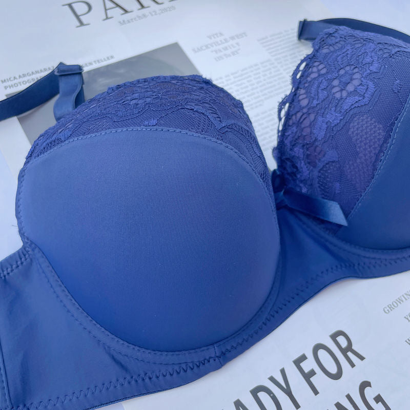 Lace Gathering Thin Cup Sexy Thong Plus Size Bra Set