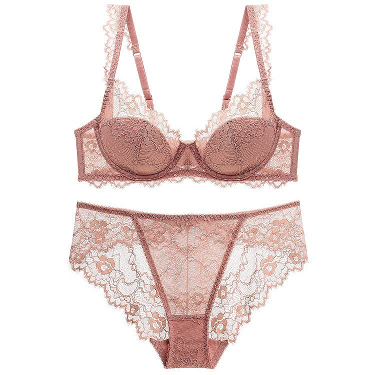 French Sexy Thin Cotton Breathable Gathering Lace Bra Set