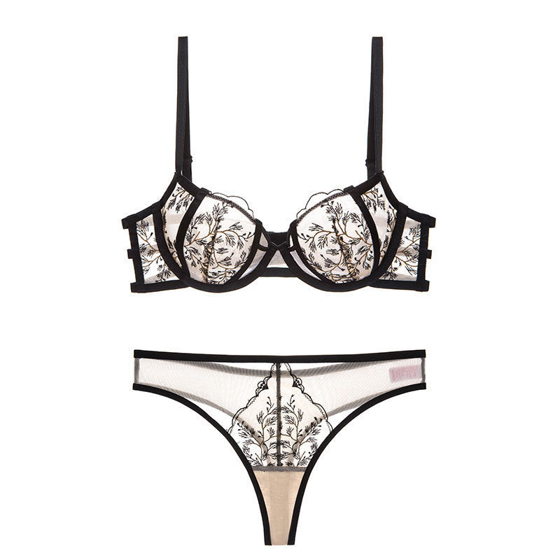 Sexy Lingerie Ultra-thin Embroidered Lace Gathering Bra Set