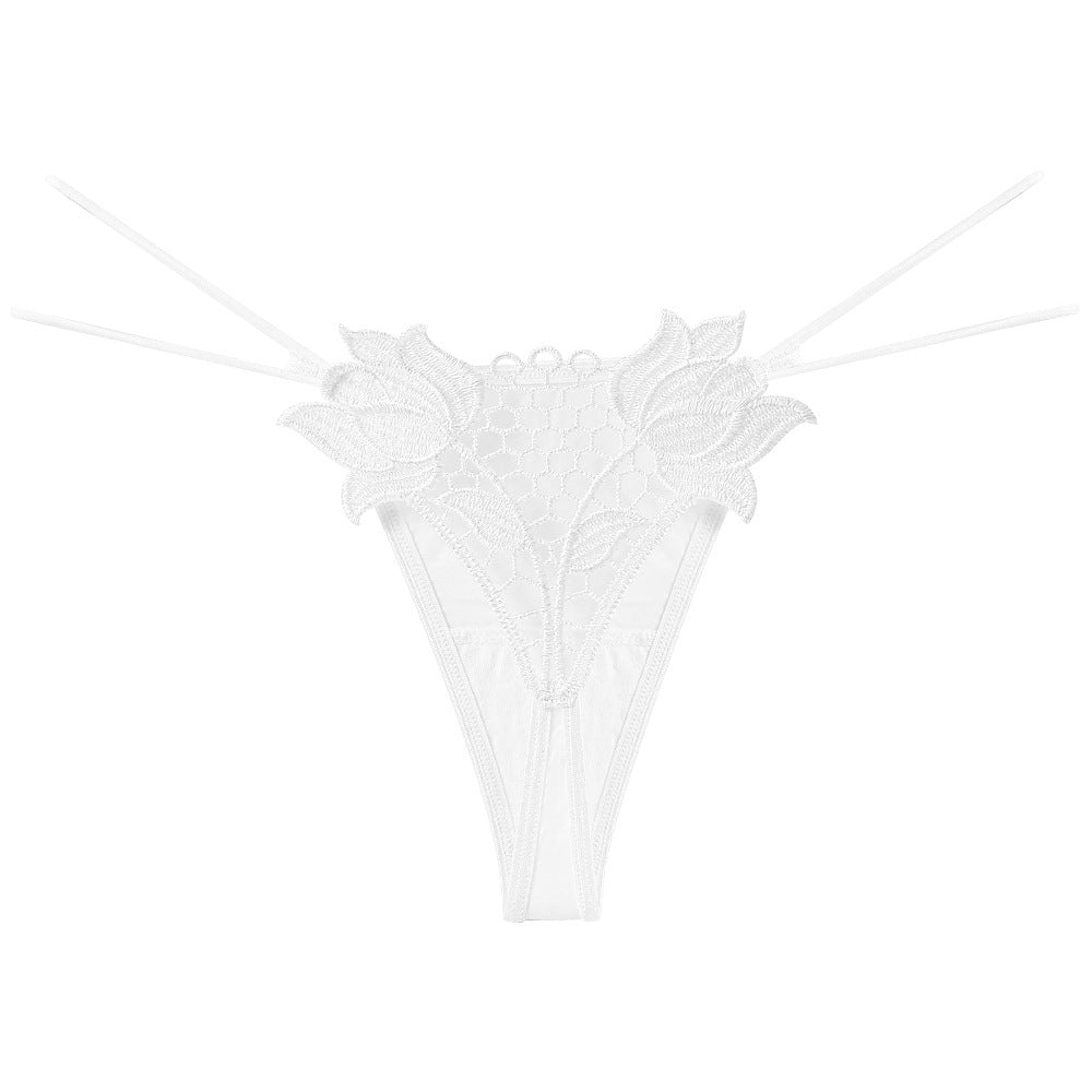 Sexy Embroidered Thong Ice Silk Hollow Double Spaghetti Strap Seduction Panties