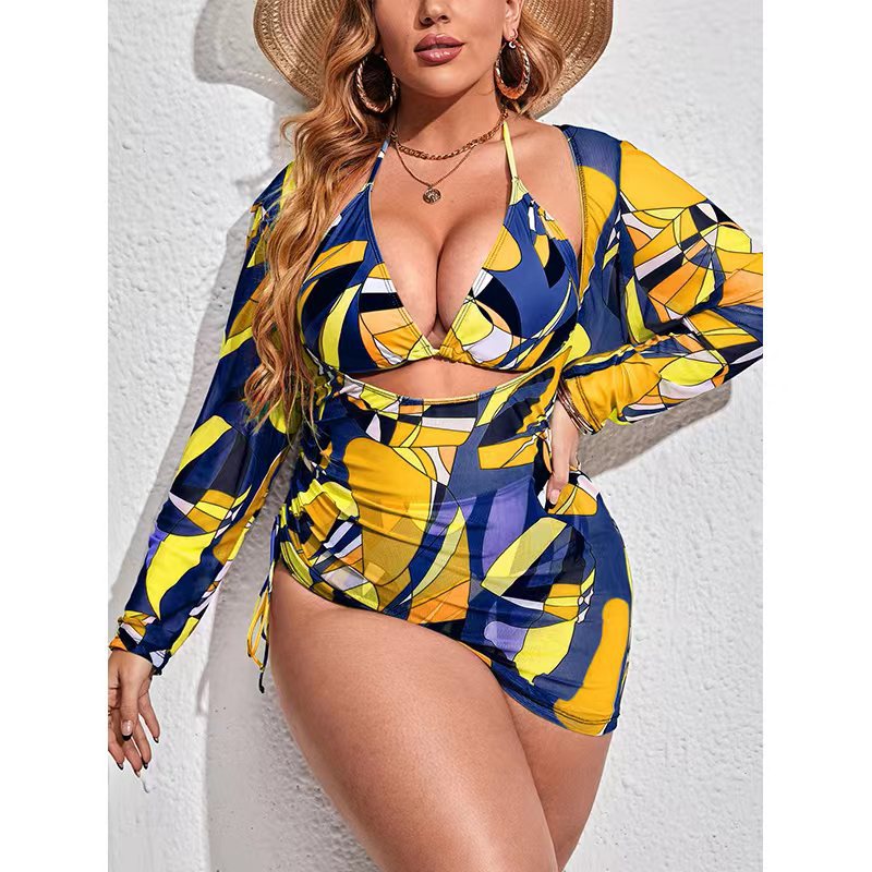 Plus Size Three Piece Swimwear Multicolor Printed Mesh Cover-up Sunscreen Bikini