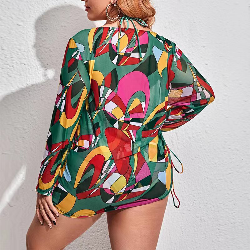Plus Size Three Piece Swimwear Multicolor Printed Mesh Cover-up Sunscreen Bikini