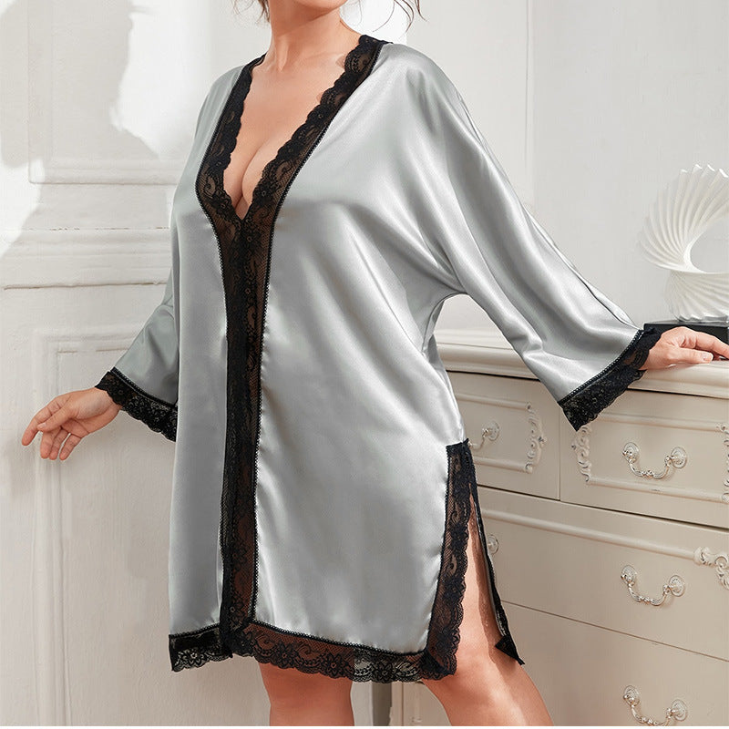 Batwing Sleeve Pullover Faux Silk Robe for Women Sleepwear Robe