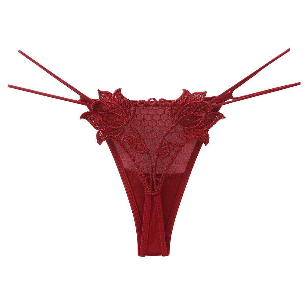 Sexy Embroidered Thong Ice Silk Hollow Double Spaghetti Strap Seduction Panties