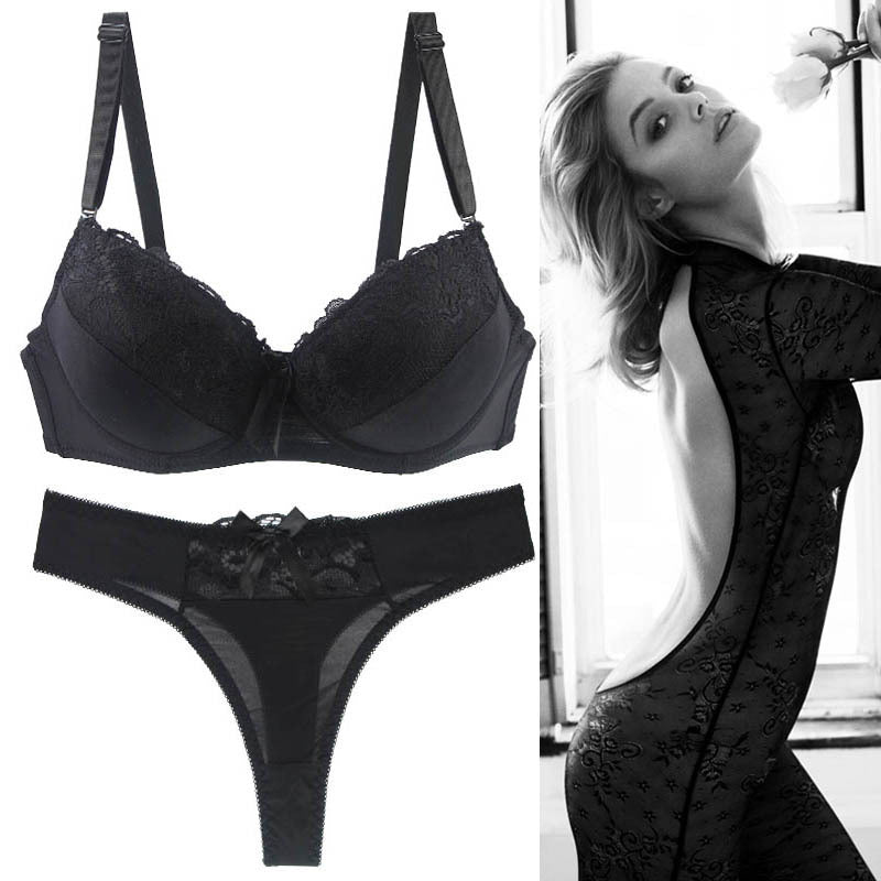 Lace Gathering Thin Cup Sexy Thong Plus Size Bra Set