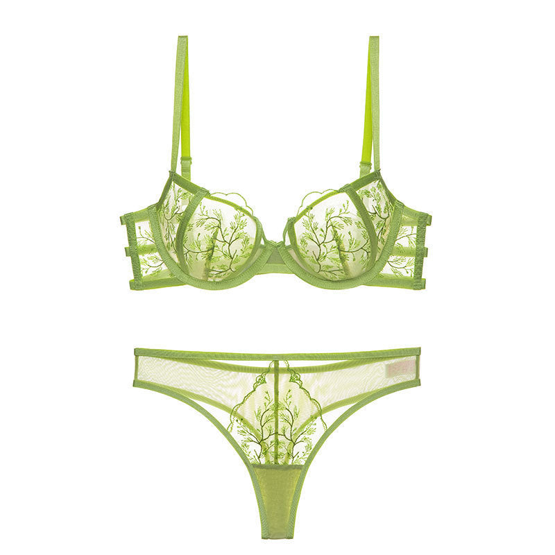 Sexy Lingerie Ultra-thin Embroidered Lace Gathering Bra Set