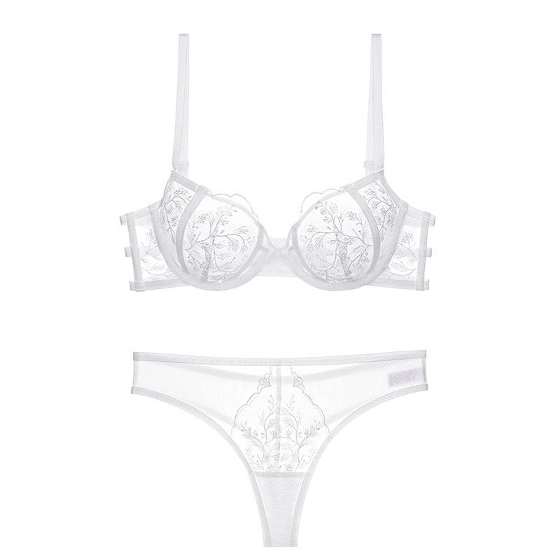 Sexy Lingerie Ultra-thin Embroidered Lace Gathering Bra Set