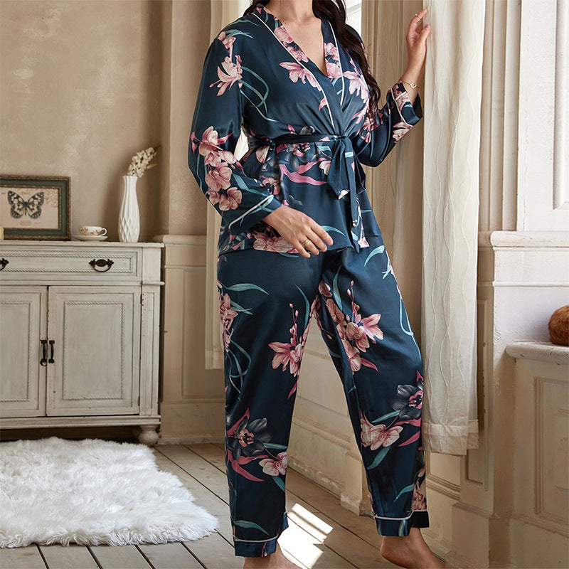 Plus Size Pajamas Cardigan Tie Sleeping Robe Sleepwear Pants Casual Loose Home Set