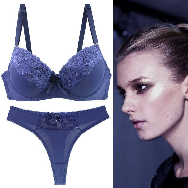Lace Gathering Thin Cup Sexy Thong Plus Size Bra Set