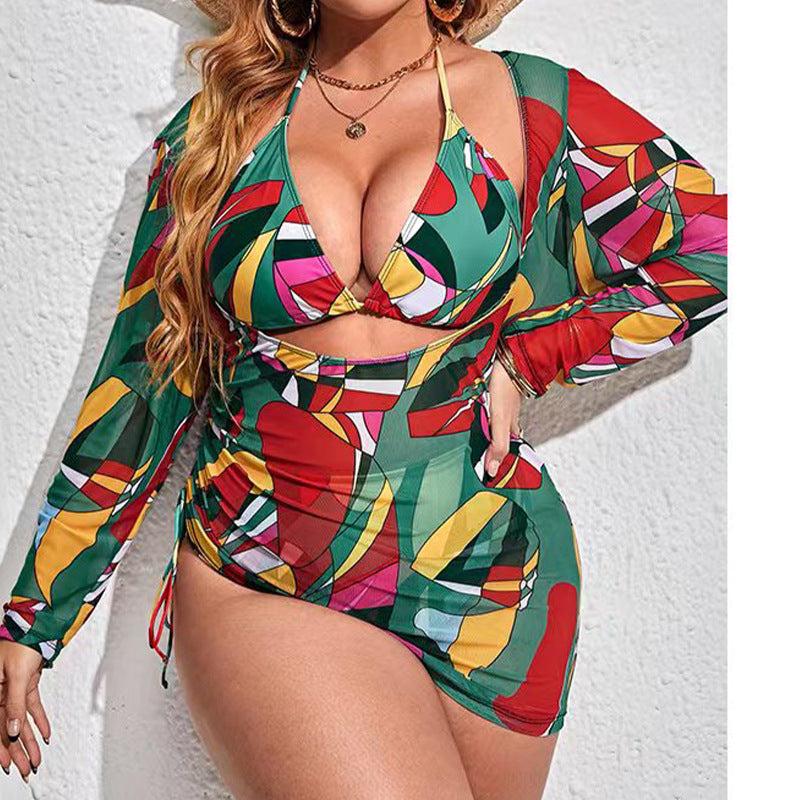 Plus Size Three Piece Swimwear Multicolor Printed Mesh Cover-up Sunscreen Bikini