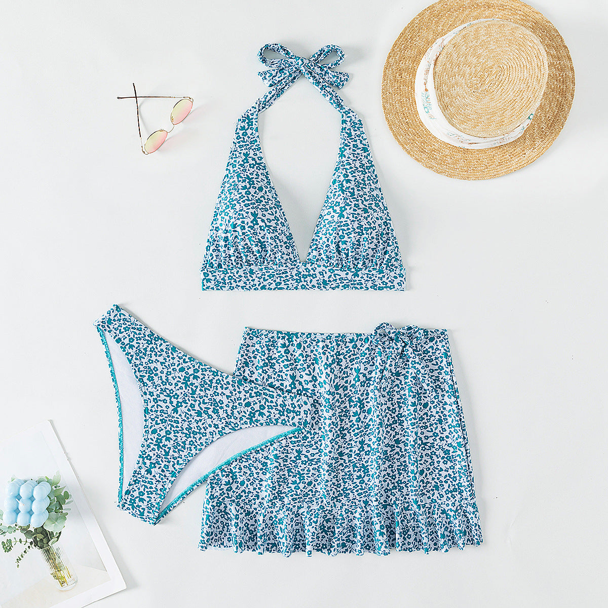 Floral Printed Tie Backless Sexy Bikini Three-piece Swimwear