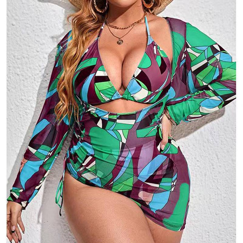 Plus Size Three Piece Swimwear Multicolor Printed Mesh Cover-up Sunscreen Bikini