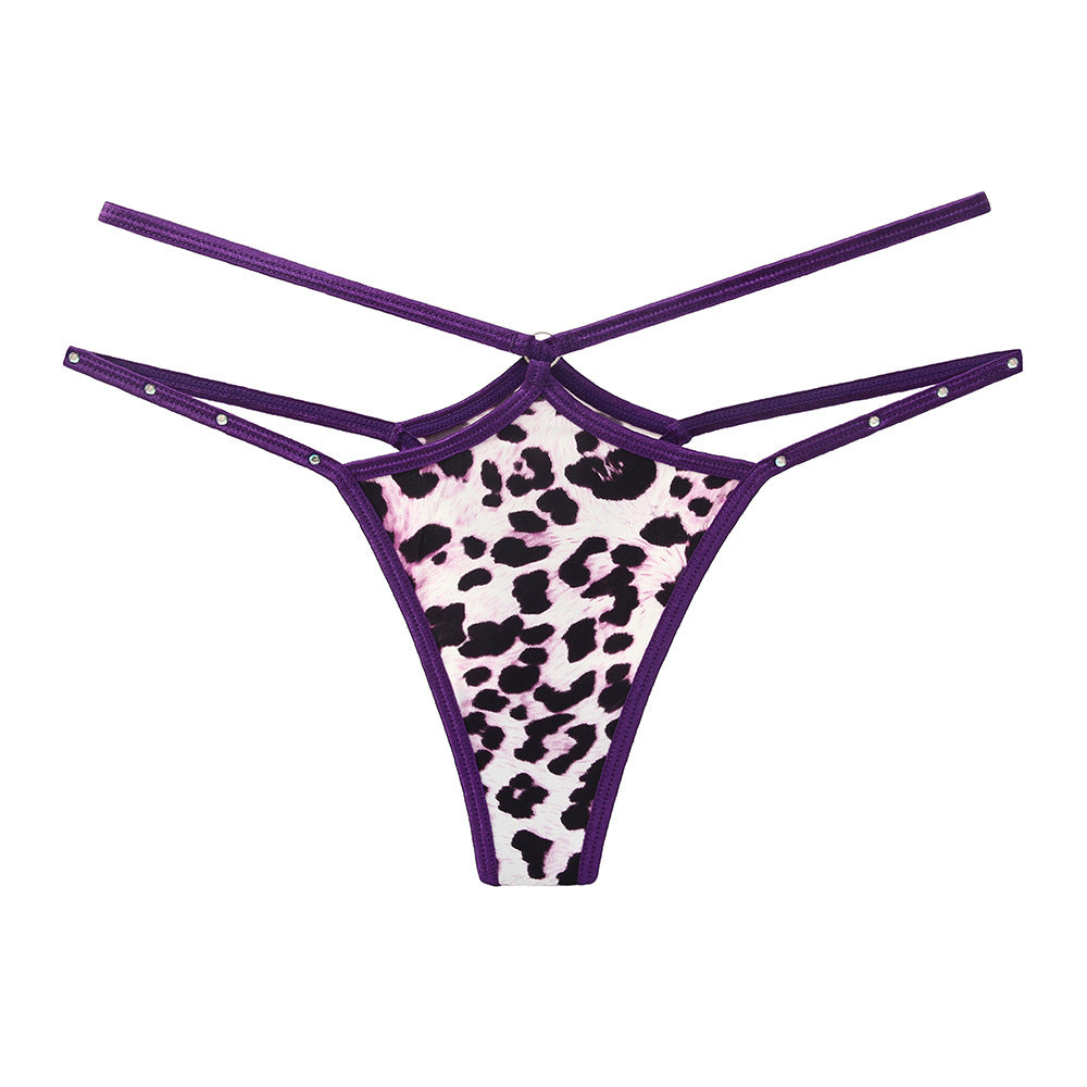 Sexy Hot Diamond Flash Thong Leopard Ice Silk Hollow Spaghetti Strap Panties