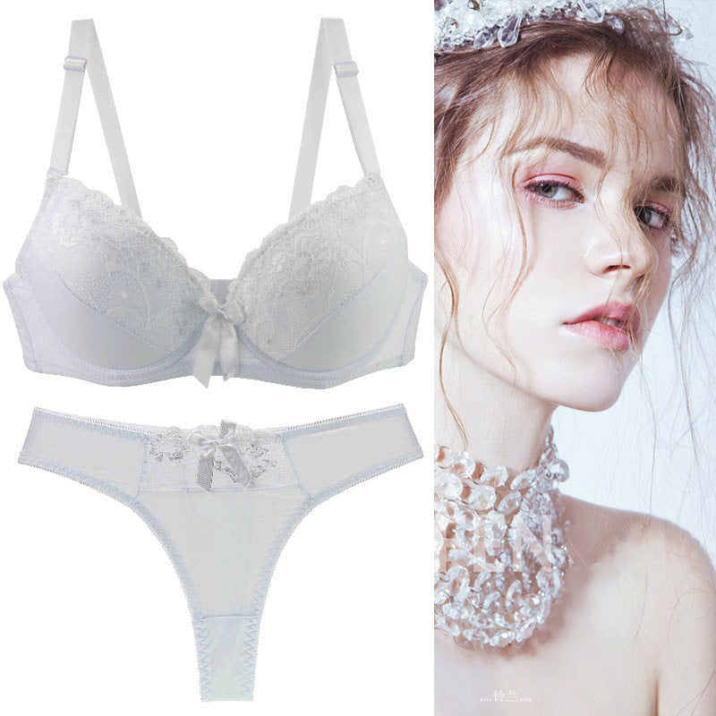 Lace Gathering Thin Cup Sexy Thong Plus Size Bra Set