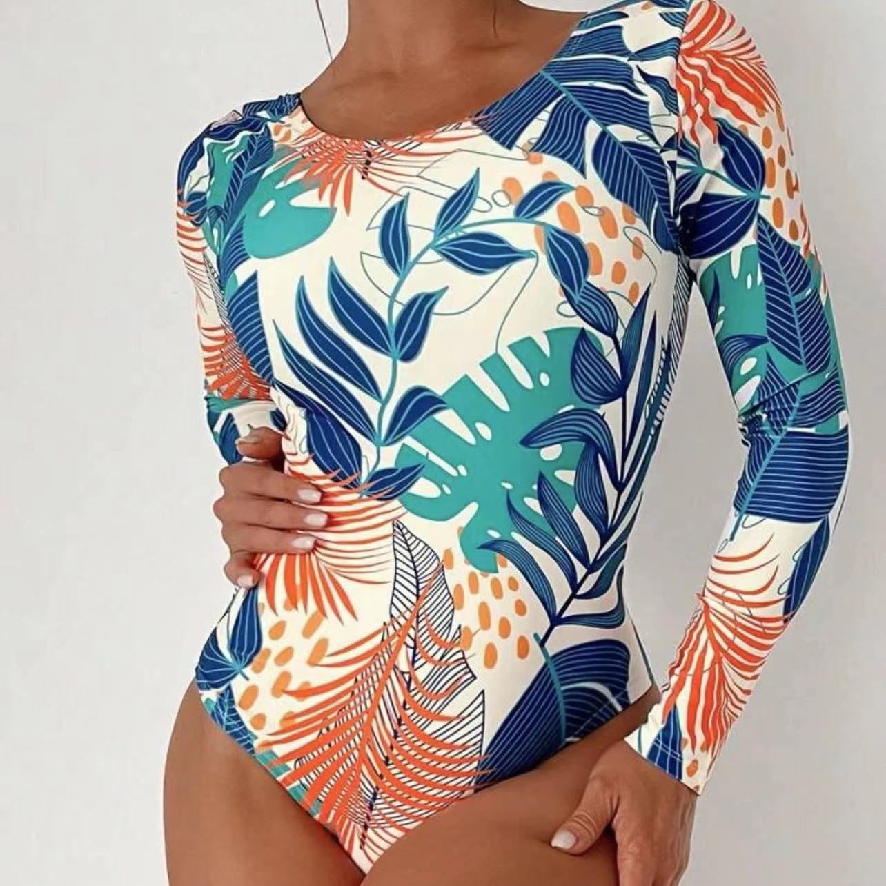 Sexy Fashion Multi-color One-piece Round Neck with Long Sleeve Printed Pop-up Swimwear