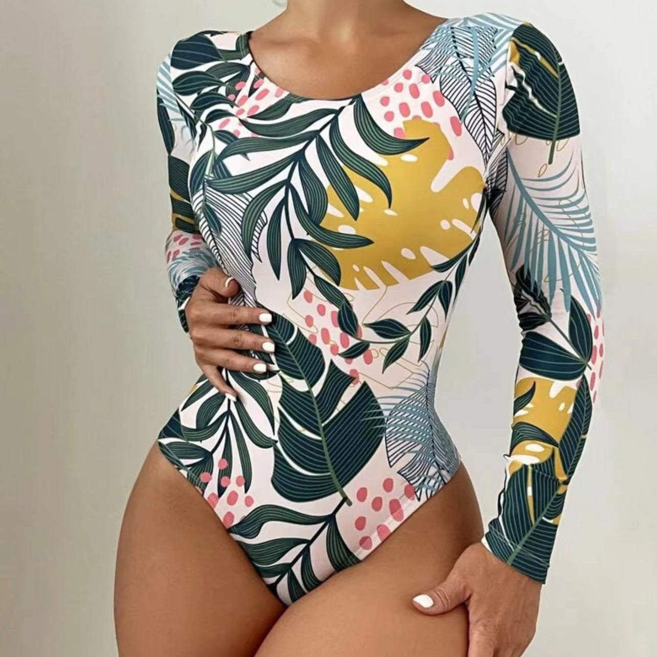 Sexy Fashion Multi-color One-piece Round Neck with Long Sleeve Printed Pop-up Swimwear