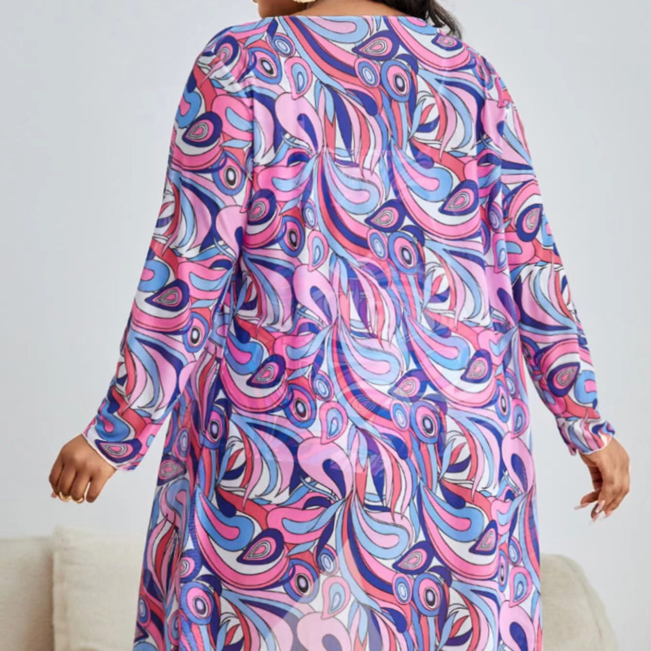 Three Piece Swimwear Printed Cover-Up Drawstring Gathering Flat Bottom Swimsuit