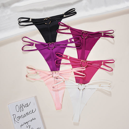 Double Spaghetti Straps Metal Loop Button Seamless Ice Silk Thong Panties