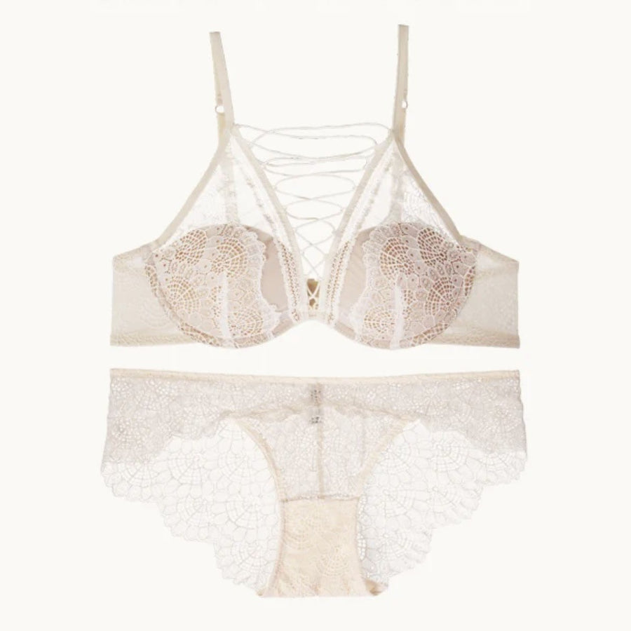 French Thin Large V Sexy Lace Tie-Up Support Anti-Sagging Soft Steel Ring Bra Set