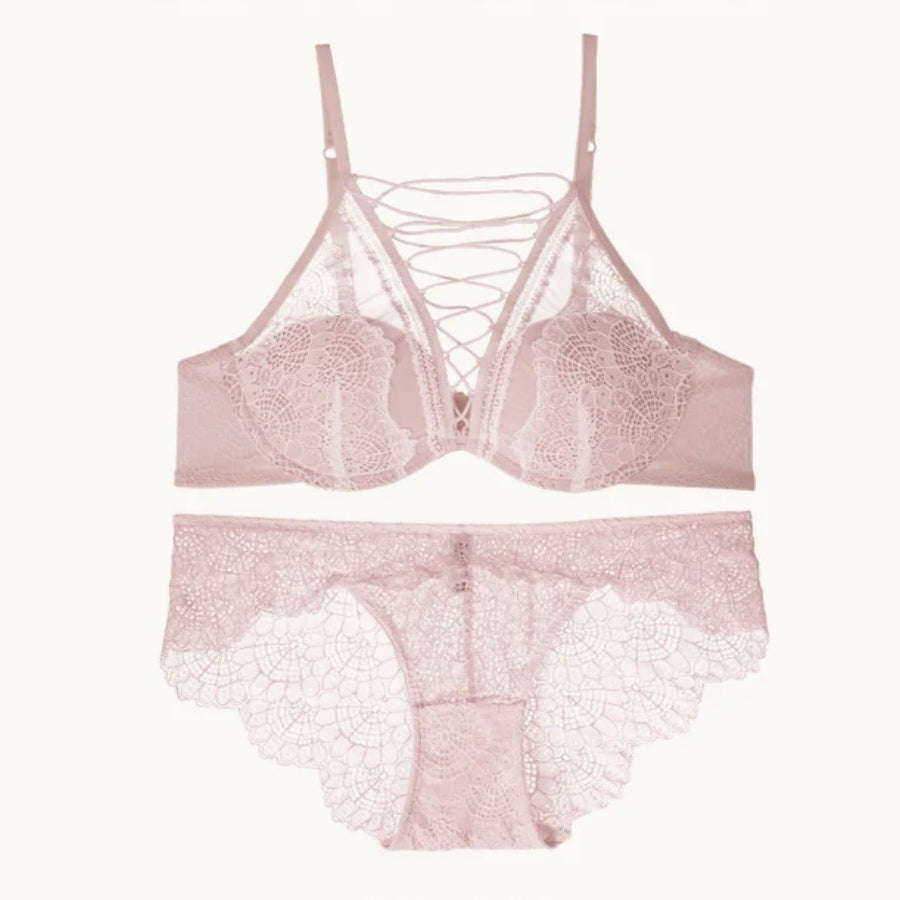 French Thin Large V Sexy Lace Tie-Up Support Anti-Sagging Soft Steel Ring Bra Set