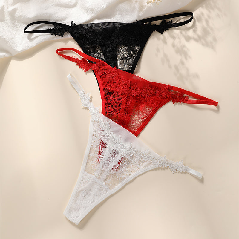 French Lace Embroidered Satin Sexy Thong Panties