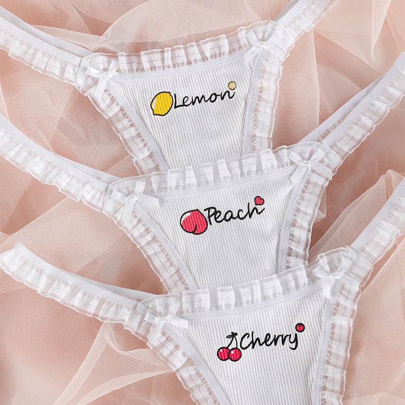 Sexy Lace Edge Spliced Ribbed Sports Panties Fruit Printed Thongs