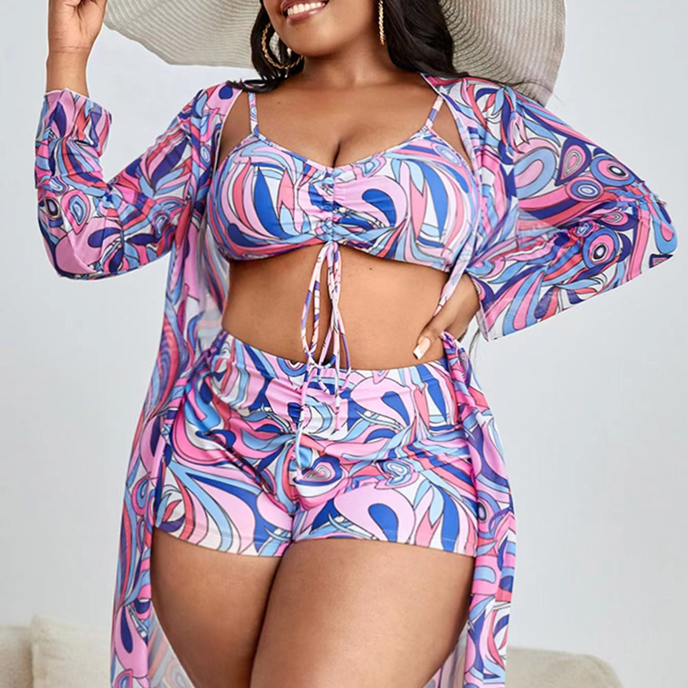 Three Piece Swimwear Printed Cover-Up Drawstring Gathering Flat Bottom Swimsuit