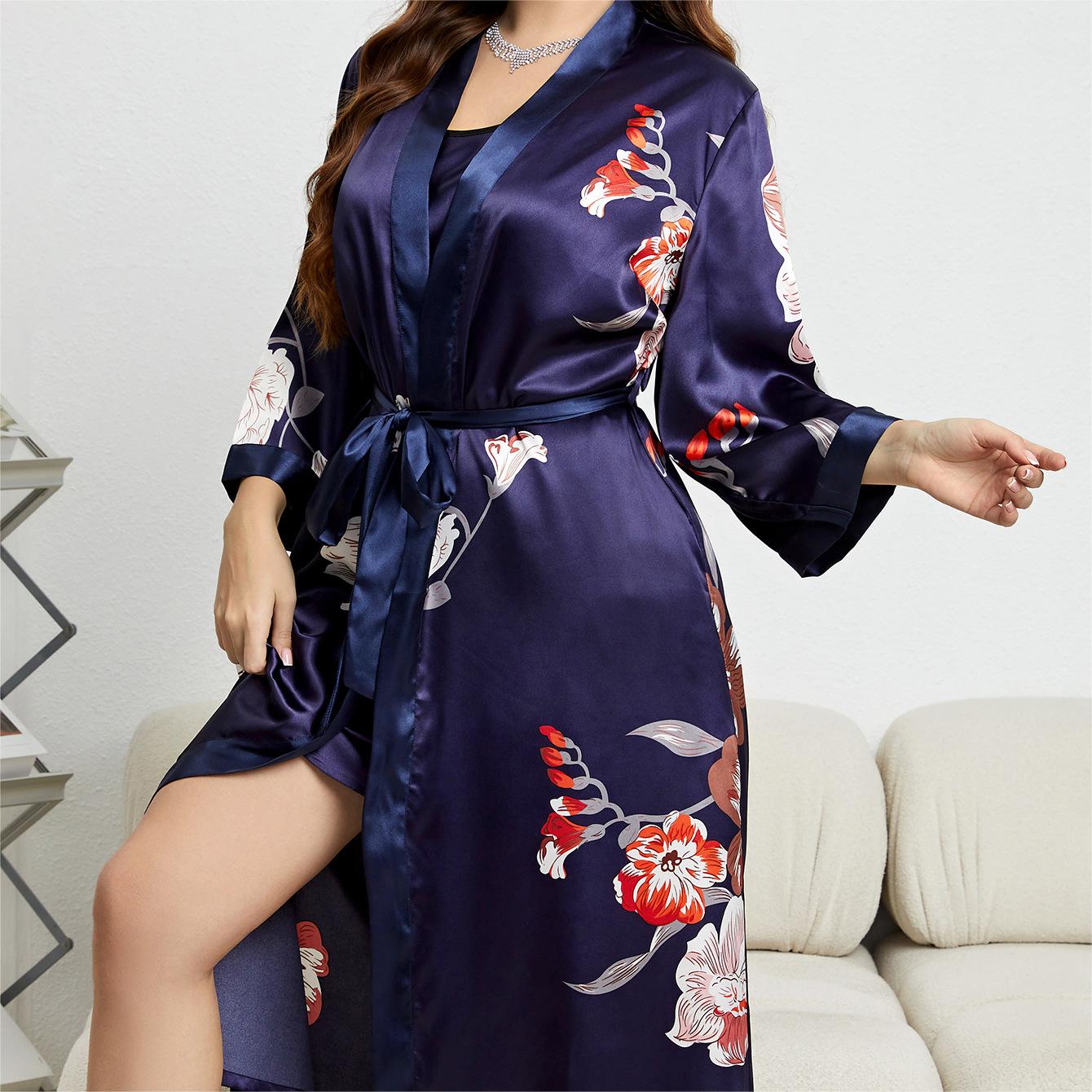 Large Size Fashion Casual Loose Printed Sleepwear Women Long Simulation Silk Sexy Nightgowns