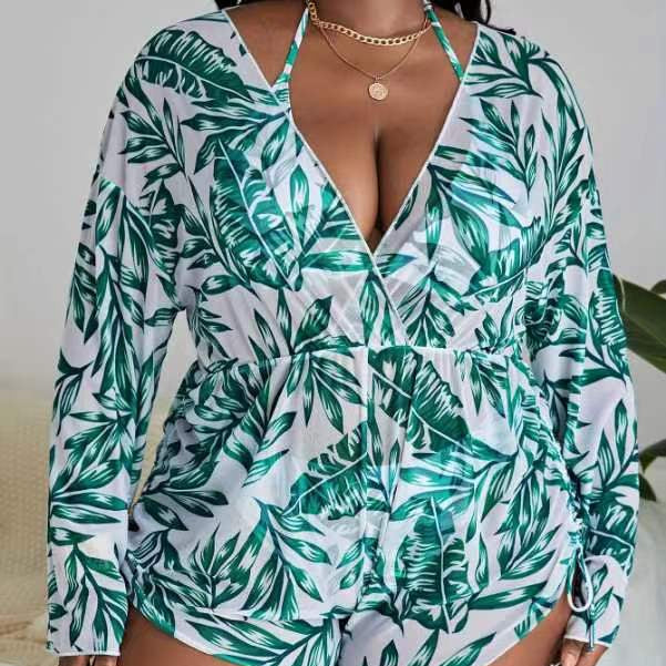 Three Piece Swimwear Mesh Digital Print Long Sleeve Cover Up Bikini