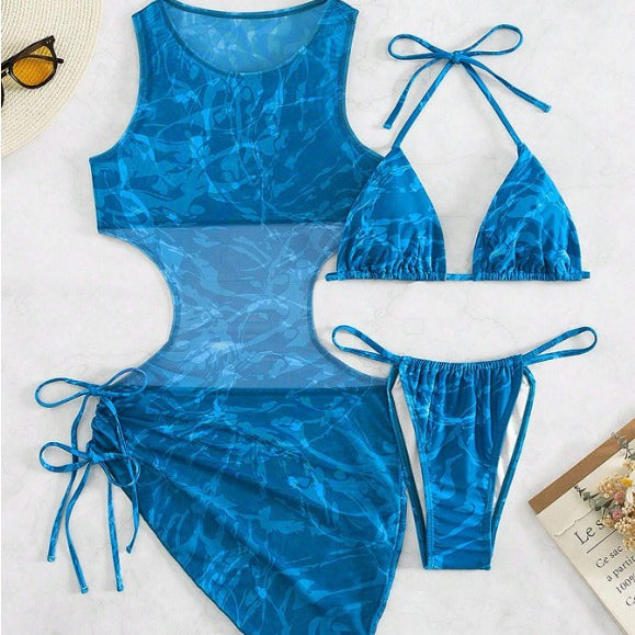 Printed Sexy Bikini Swimwear Women Mesh Three Piece Swimsuit