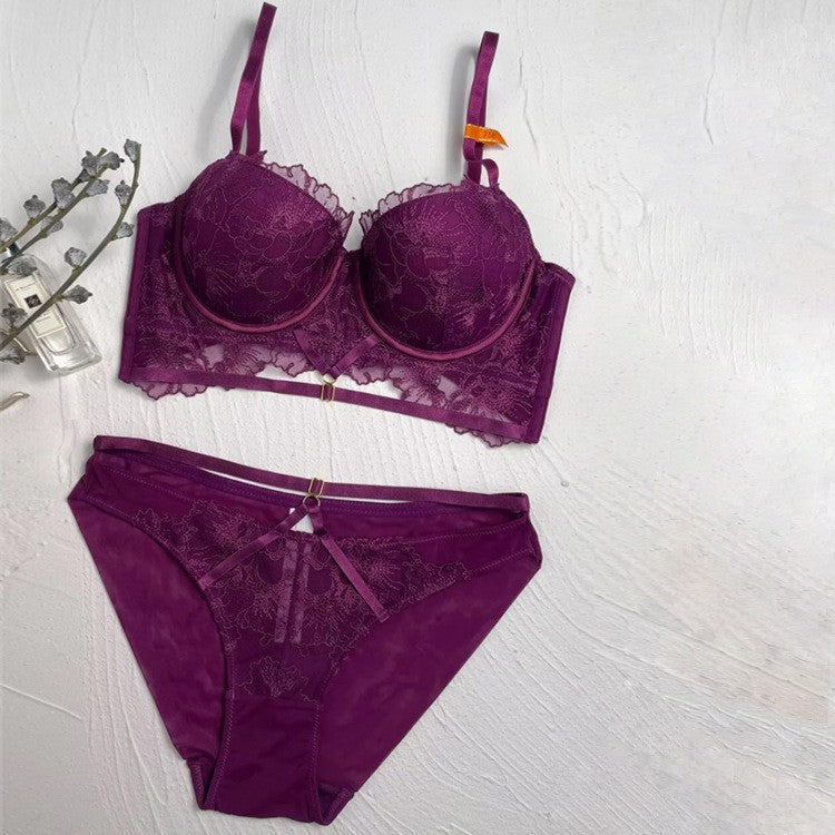 French Sexy Lace Straps Hollow Embroidery Gathering Adjustable Top Support Bra Set