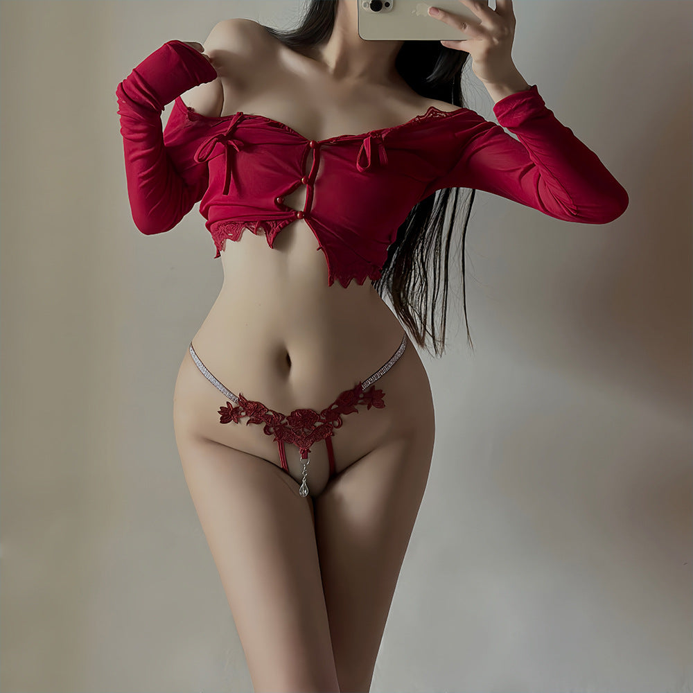 Rhinestone Temptation Erotic Panties Hollowed Out Embroidered Erotic Open Thongs